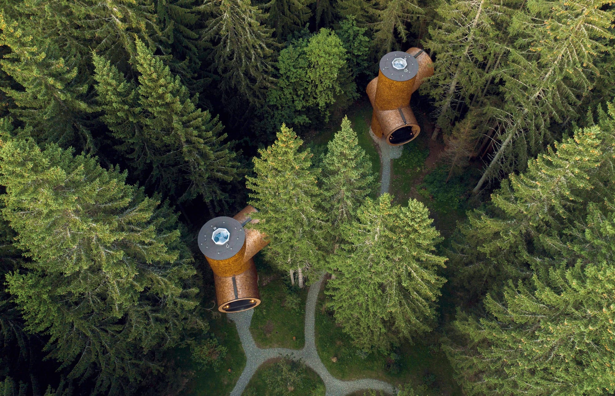 an aerial view of a modern treehouse in a forest