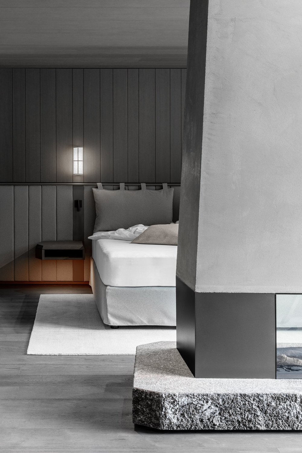 Amonti Chalets Design Architecture bedroom fireplace