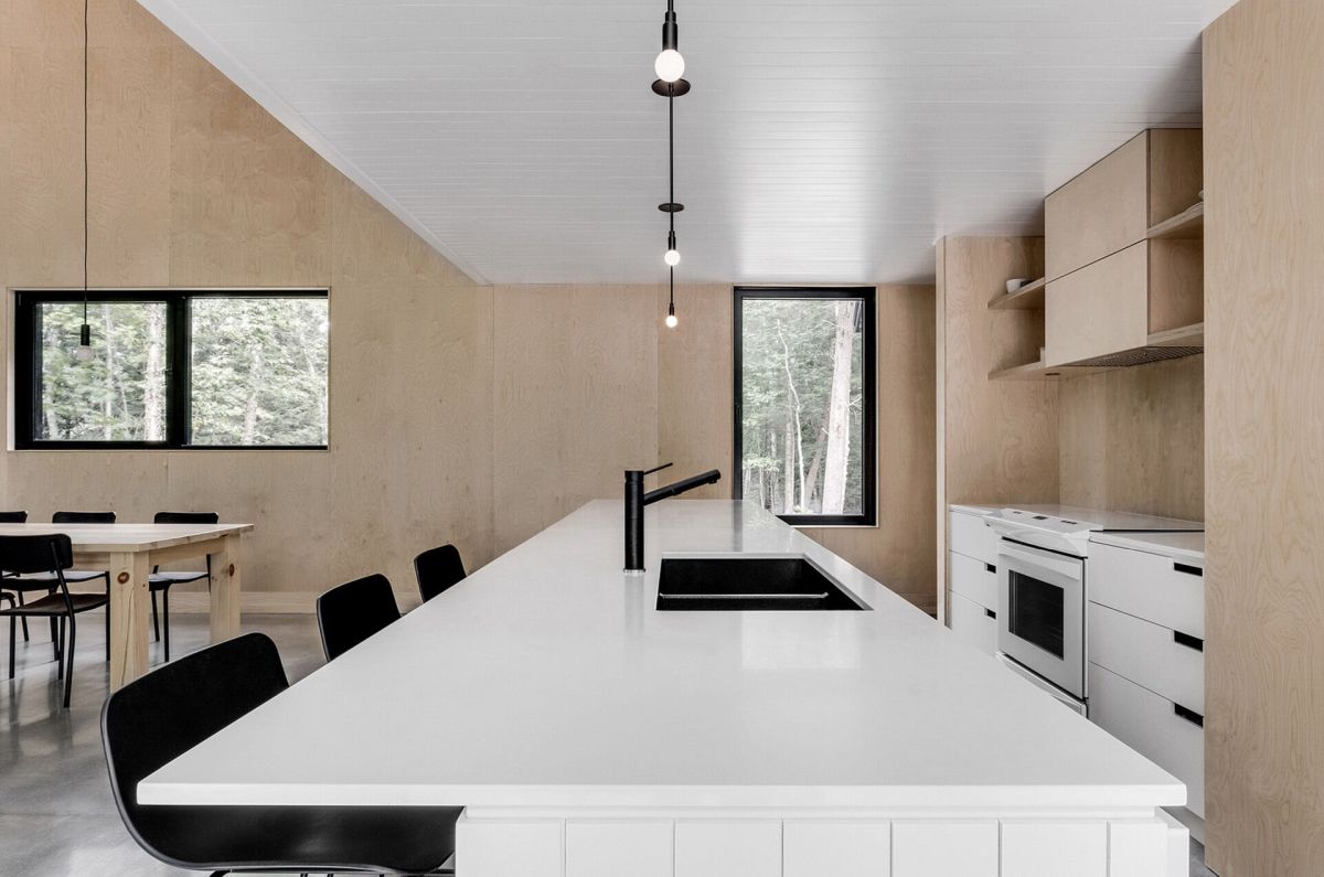 Black modern cabin arhitecture white countertop kitchen