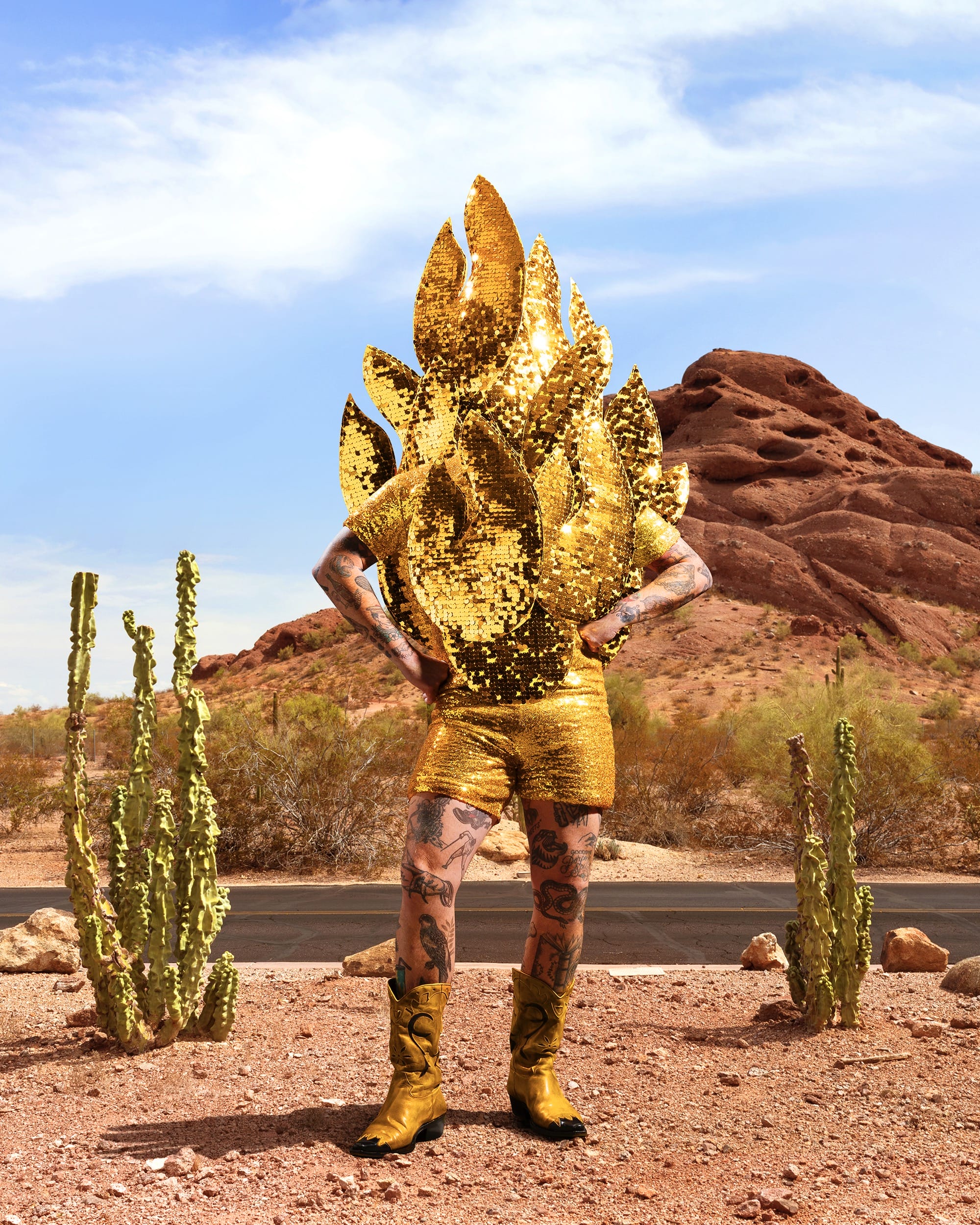 a photograph by Gerwyn Davies of a brightly colored abstract costume obscuring the top half of his body in a desert landscape